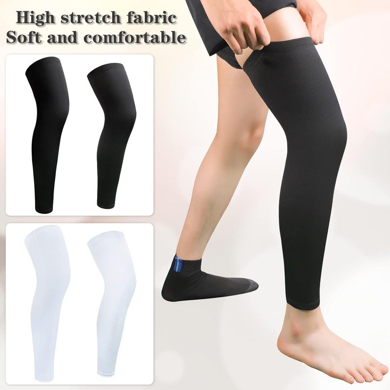 JEFHOMKIT 2Pairs Leg Sleeves,Full Leg Compression Sleeve,Compression Long Knee Sleeve,Sports Compression UV Long Leg Sleeves with Anti-slip Silicone Strips for Men Women Running Basketball Football(White&Black) - Image 2